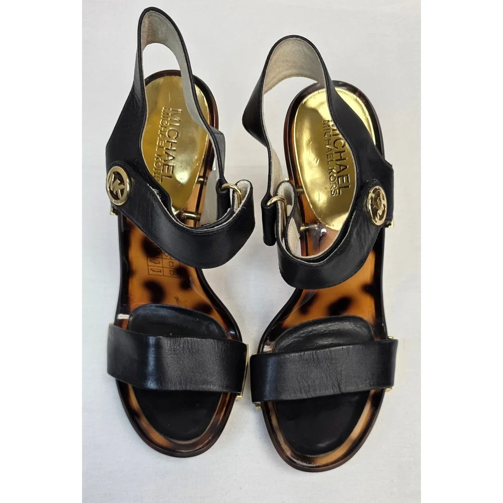Michael Kors Black Leather Tortoise Shell Gold‎ Stiletto Sandals Heels Womens